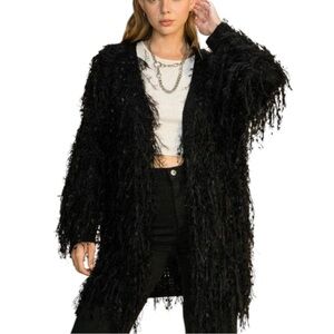 Anthropologie HYFVE Black Shaggy Cardigan sz M Sweater Jacket Cuffed Long Sleeve